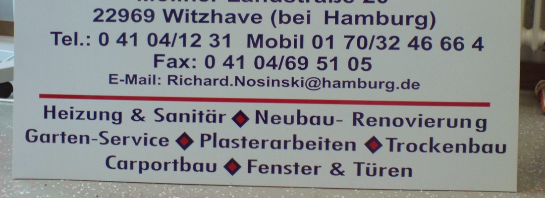 Firmenschild mit Leistungen wie Heizung, Sanitär und Renovierung in Hamburg Lohbrügge bei